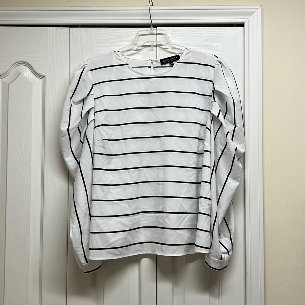 Eloquii white top with black stripes with puffy sleeves size 18
